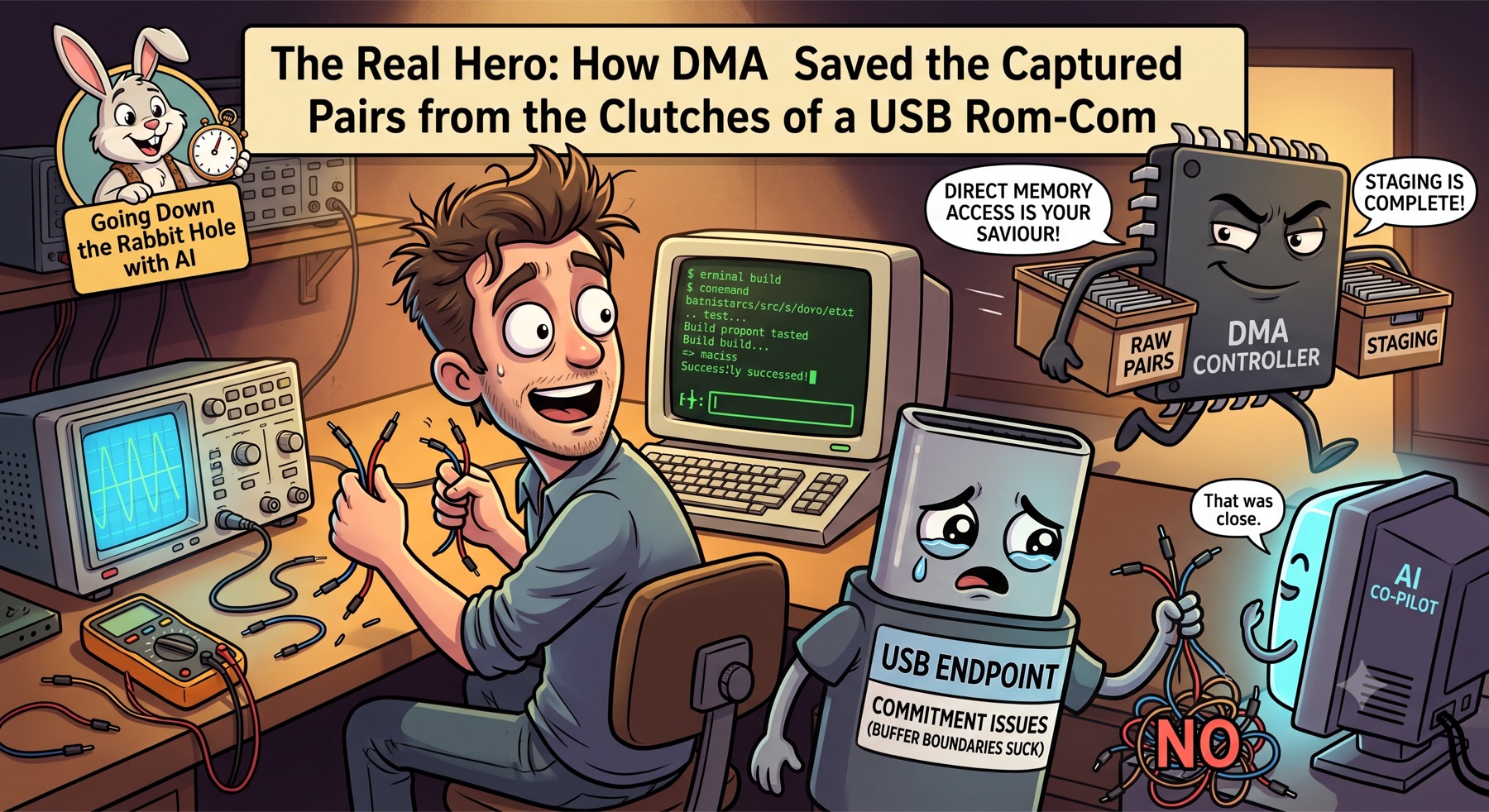 Cartoon of a bench engineer surrounded by oscilloscopes and jumper wires, a weeping USB endpoint labelled 'commitment issues (buffer boundaries suck)', a DMA controller carrying boxes marked RAW PAIRS and STAGING, and an AI co-pilot monitor saying 'that was close.'