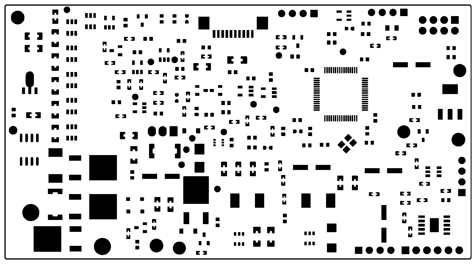 Original solder paste stencil for the PowerBench board: black apertures on white, with the board outline, round through-hole pads and large solid thermal pads all still present.