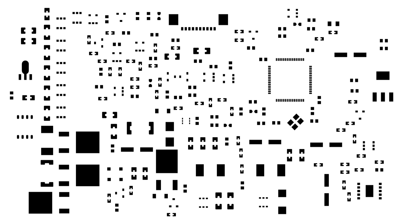 Processed stencil output: board outline gone, circular through-hole apertures removed, fine-pitch apertures shrunk, and the large thermal pads broken into hatch grids.